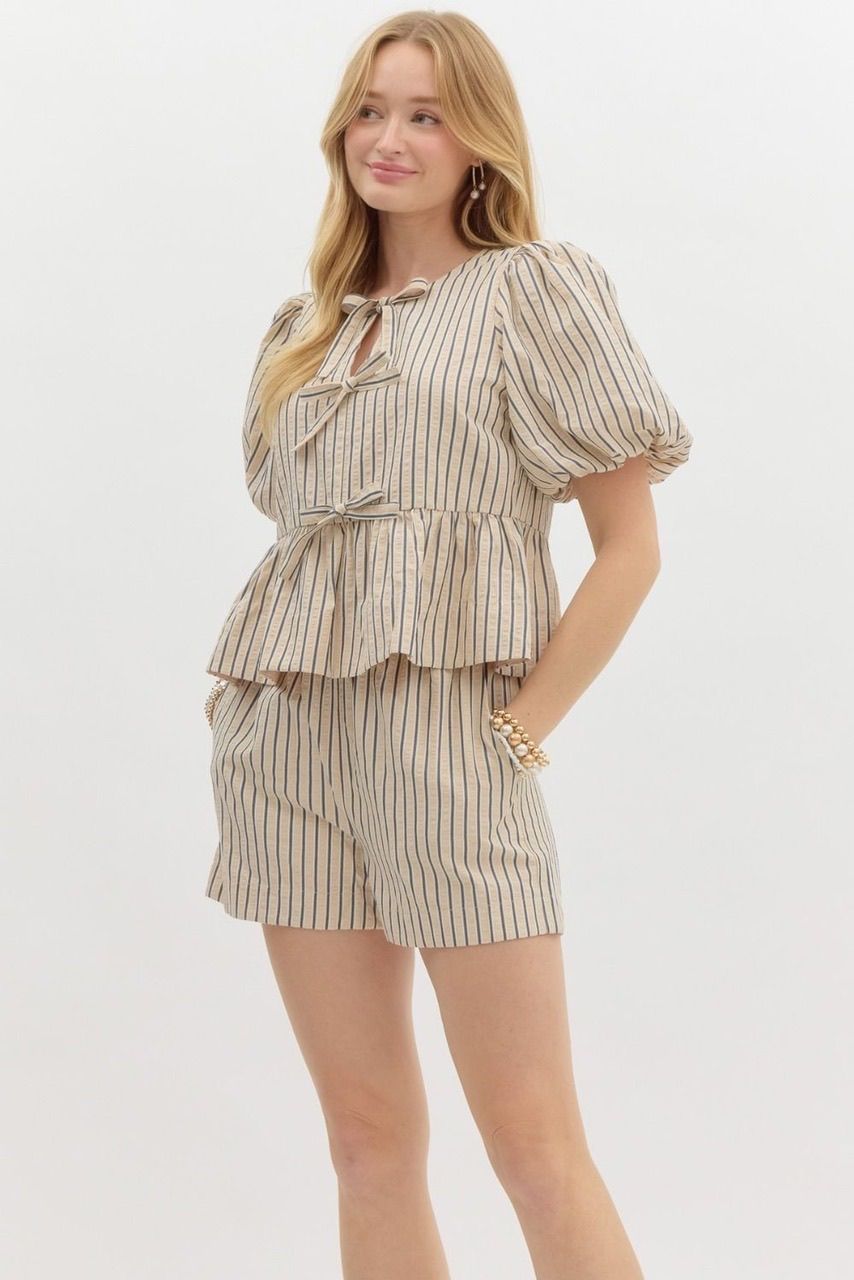 Tie Front Bubble Sleeve Top - Ecru