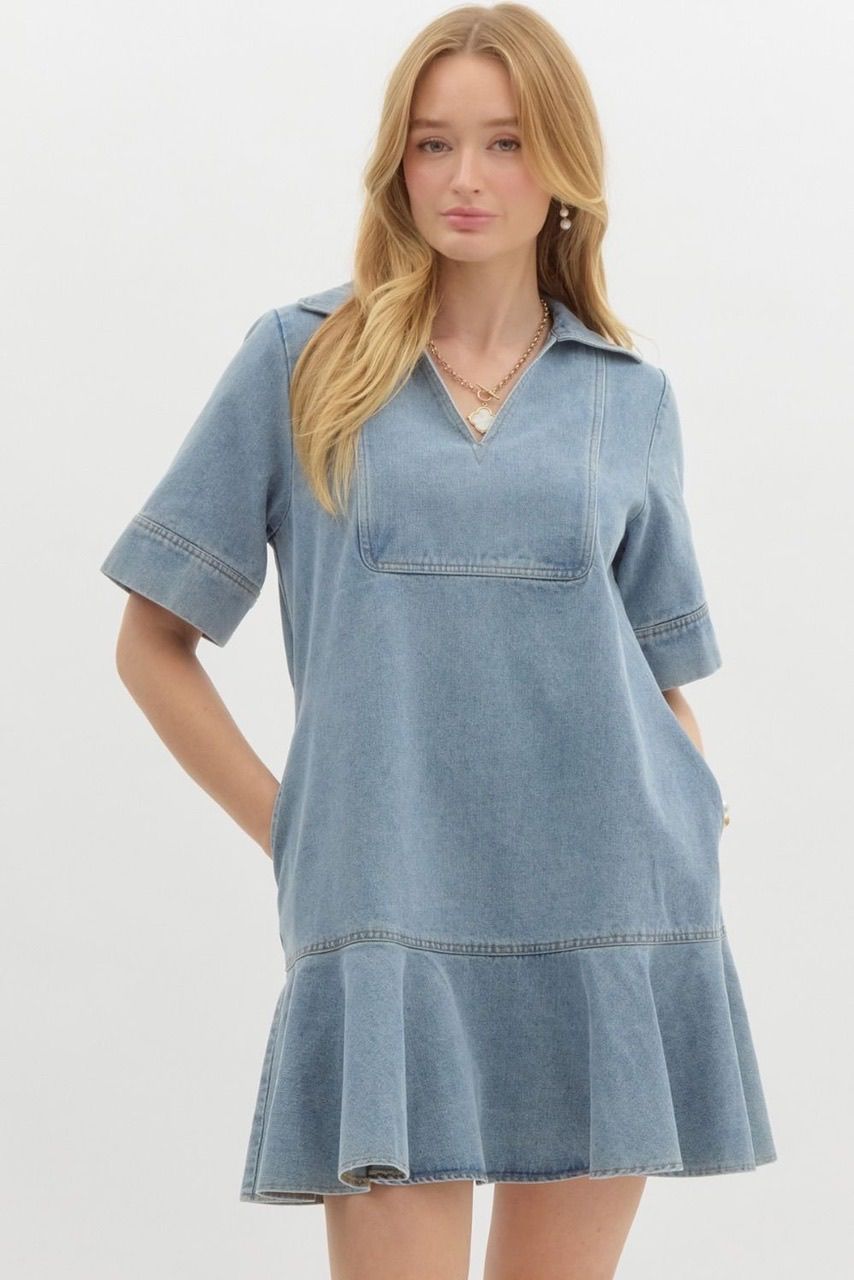 Denim Short Sleeve Mini Dress - Light Wash