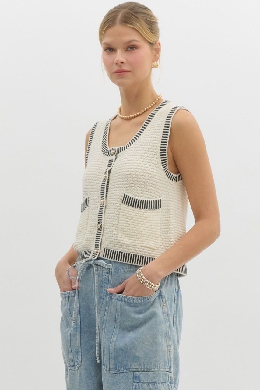 Sleeveless Sweater Vest with Pearl Buttons - Cream
