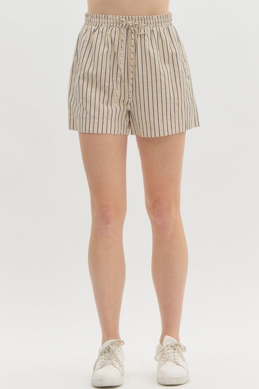 Striped High Waist Pull On Shorts - Ecru