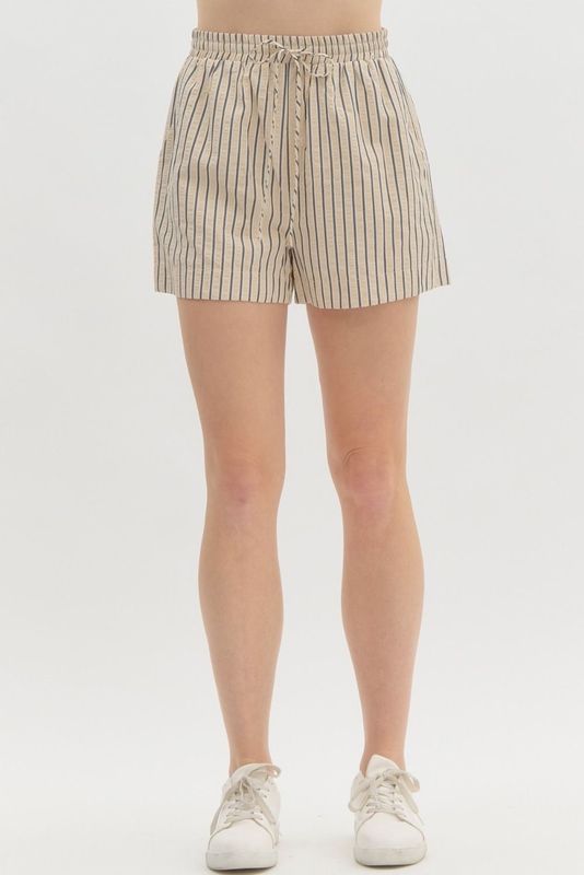 Striped High Waist Pull On Shorts - Ecru