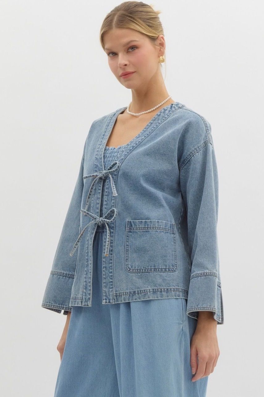 Tie Front Denim Jacket - Light Wash