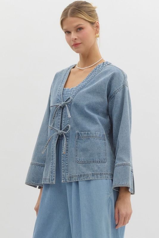 Tie Front Denim Jacket - Light Wash