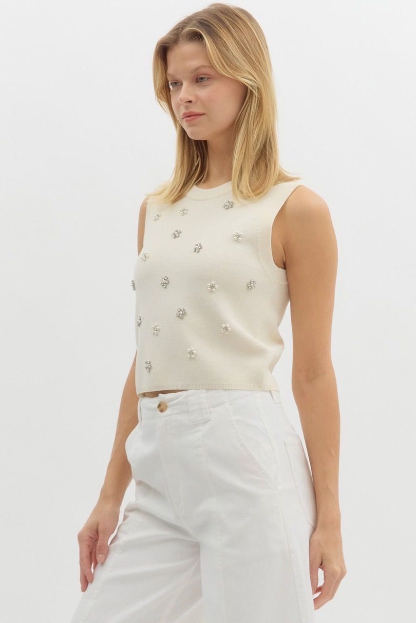 Sleeveless Embellished Knit Sweater - Cream