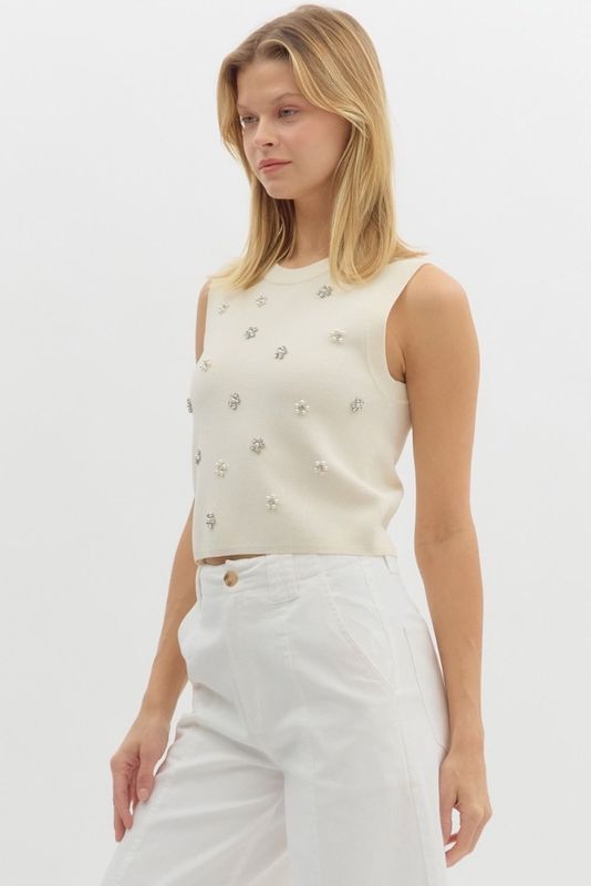 Sleeveless Embellished Knit Sweater - Cream