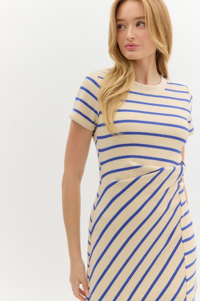 Twist Front Striped Midi Dress - Ecru / Blue