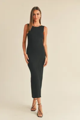 Ribbed Knit Midi Dress - Black