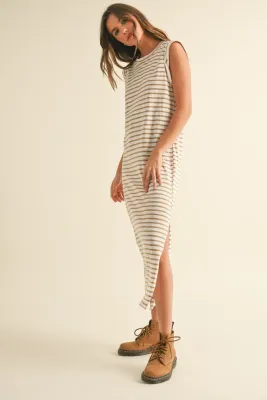 Striped Knit Midi Dress - Tan / Cream