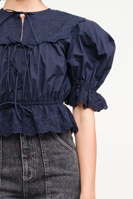 Emi Embroidered Tie Front Top - Navy