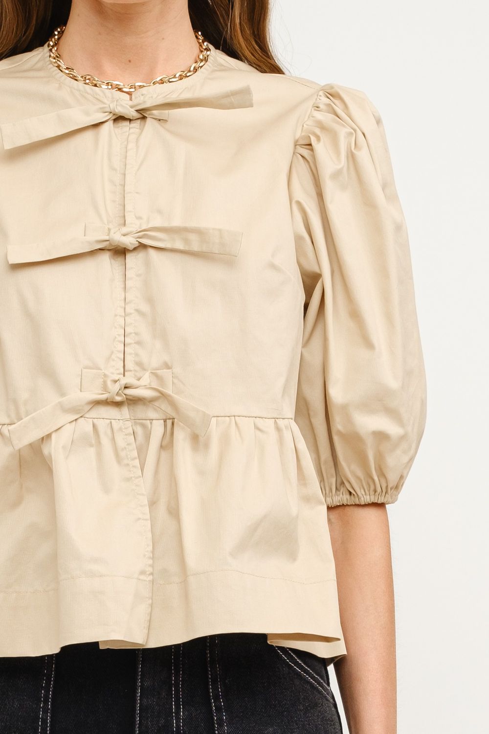 Nora Cotton Poplin Tie Front Top - Tan