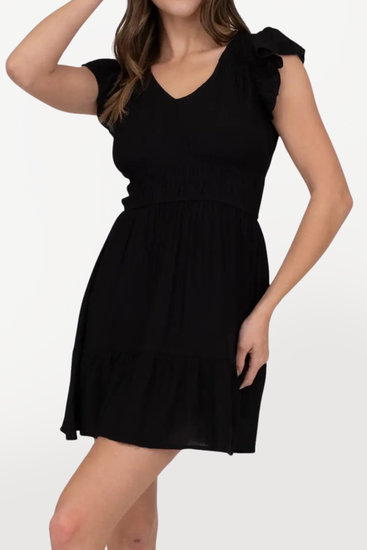 V-Neck Ruffle Sleeve Mini Dress - Black