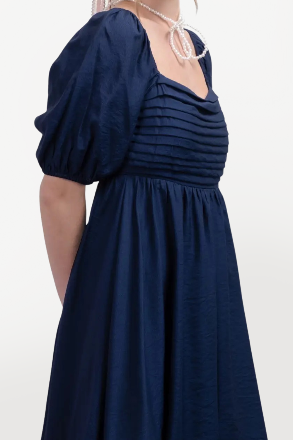 Pleated Puff Sleeve Mini Dress - Navy