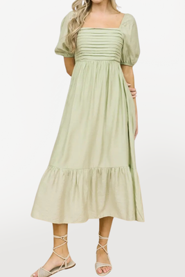 Puff Sleeve Square Neck Midi Dress - Kiwi