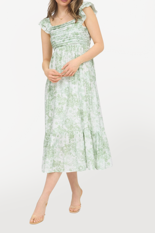 Ruffle Strap Pleated Midi Dress - Green Floral