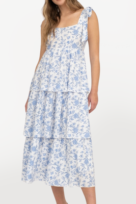 Tie Strap Tiered Midi Dress - Blue Floral