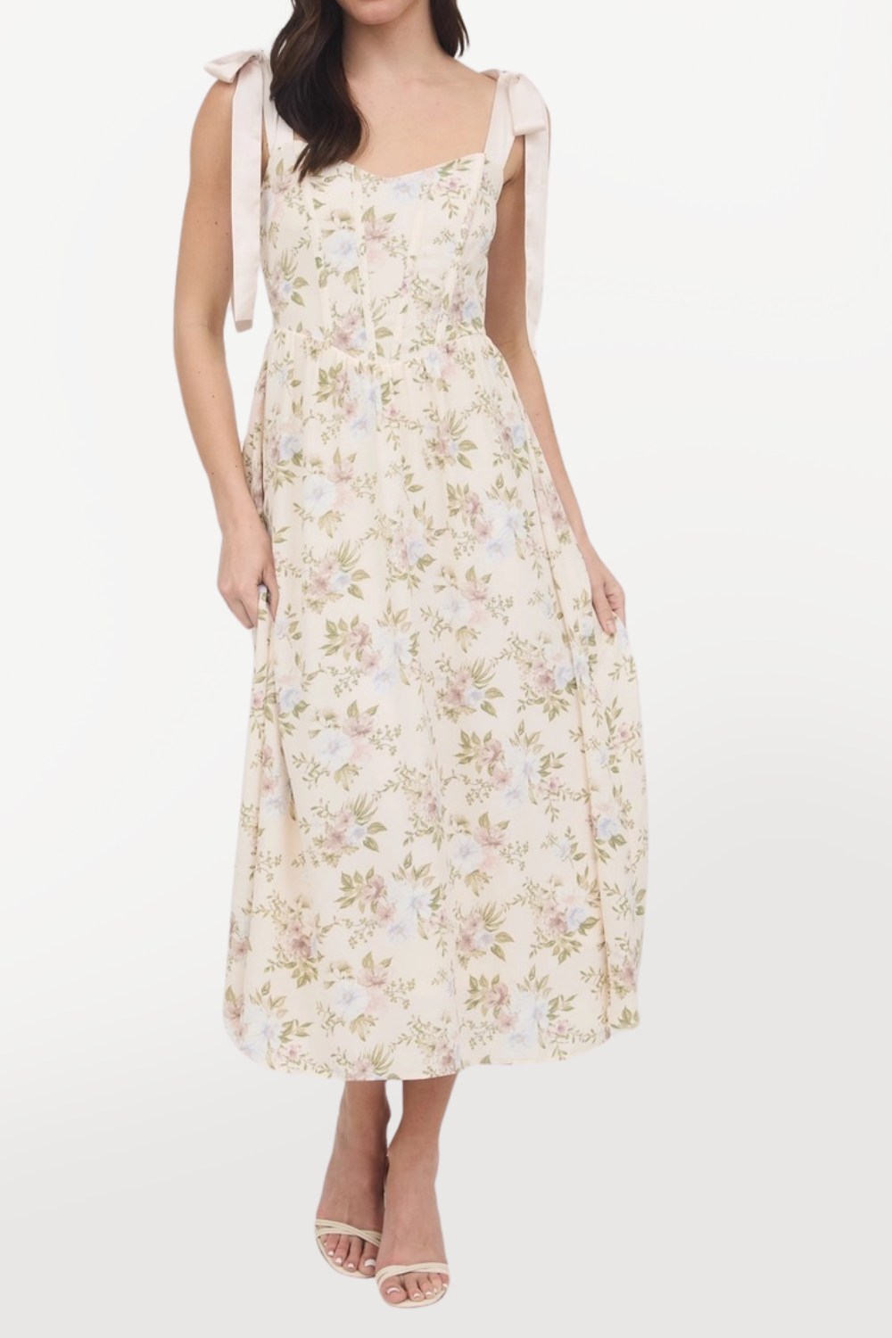 Tie Shoulder Corset Midi Dress - Blush Floral