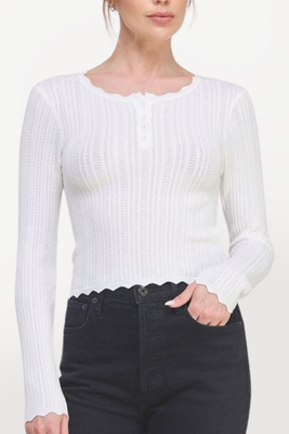 Long Sleeve Fine Gauge Pointelle Henley - White