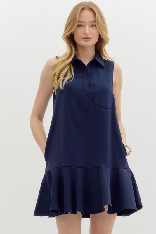 Sleeveless Ruffle Hem Mini Dress - Navy