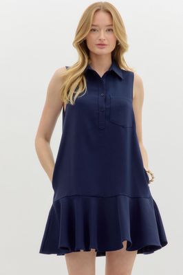 Sleeveless Ruffle Hem Mini Dress - Navy