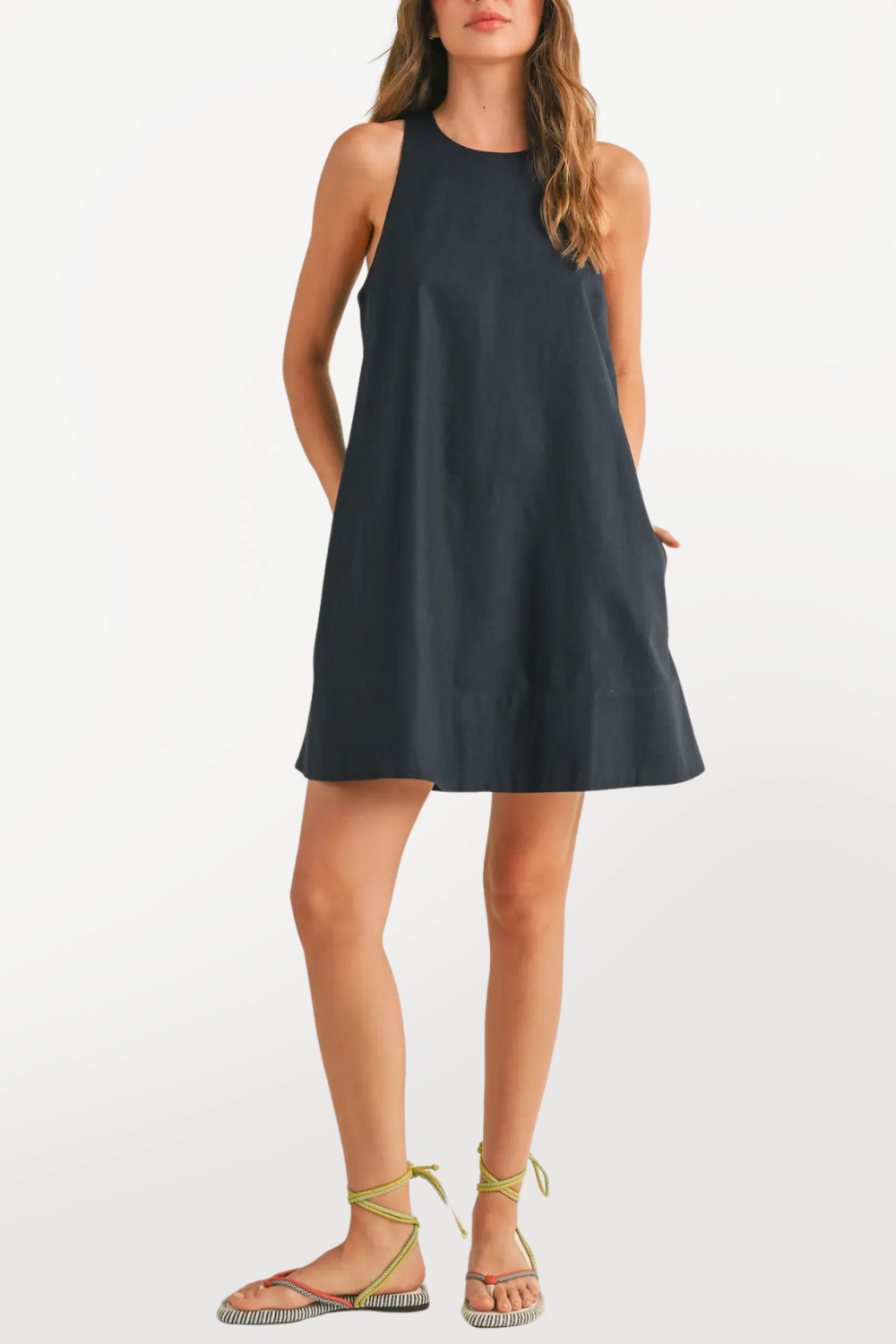 Sleeveless A-Line Dress with Pockets - Navy