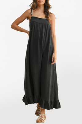 Tie Shoulder Embroidered Gauze Maxi Dress - Navy