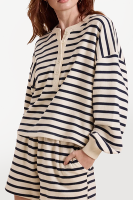 Striped French Terry Half Button Pullover - Navy