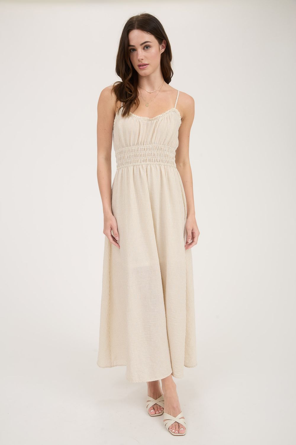 Lace Trim Striped Midi Dress - Khaki