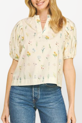 Floral Balloon Sleeve Blouse - Cream