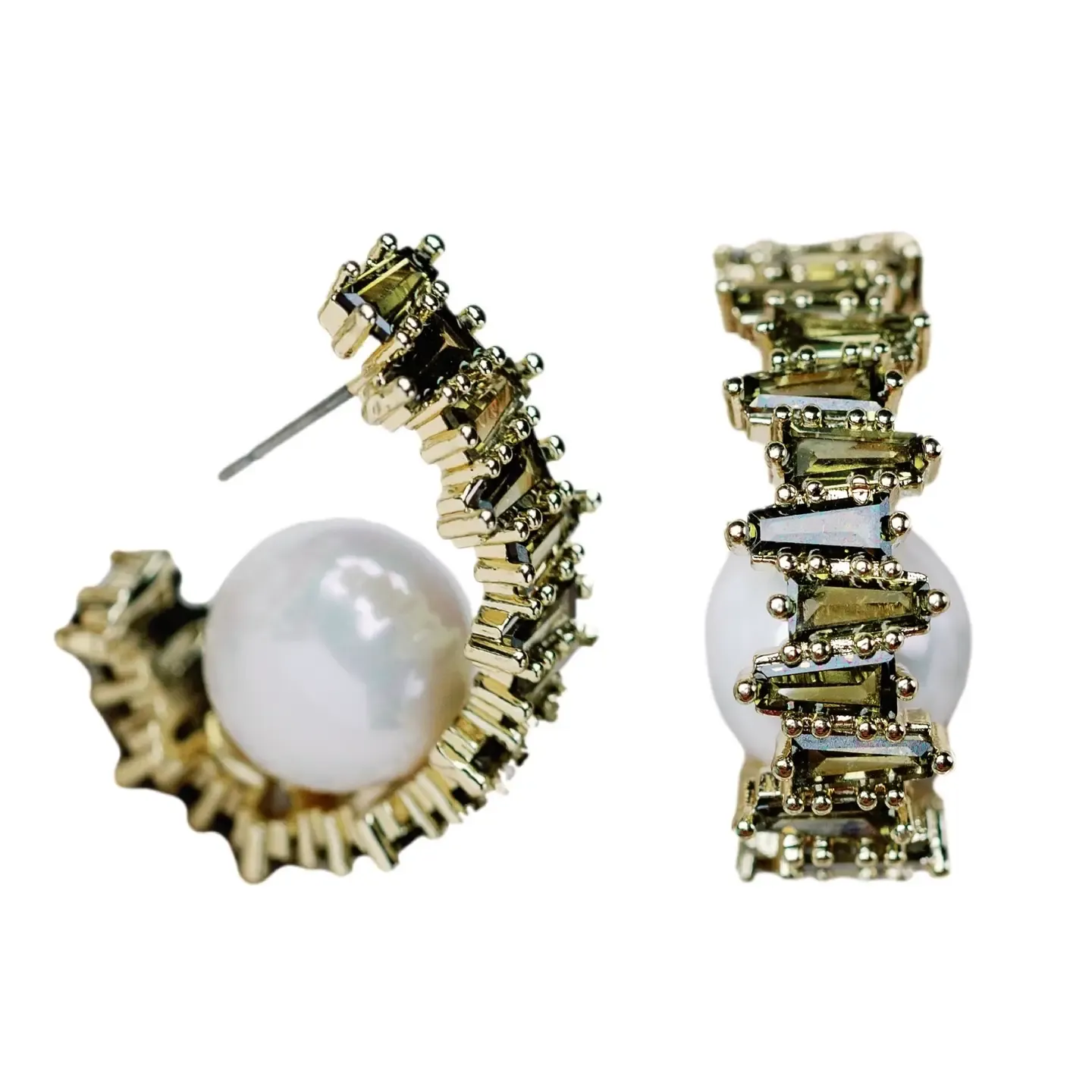 Green Rhinestone and Pearl Stud Earrings