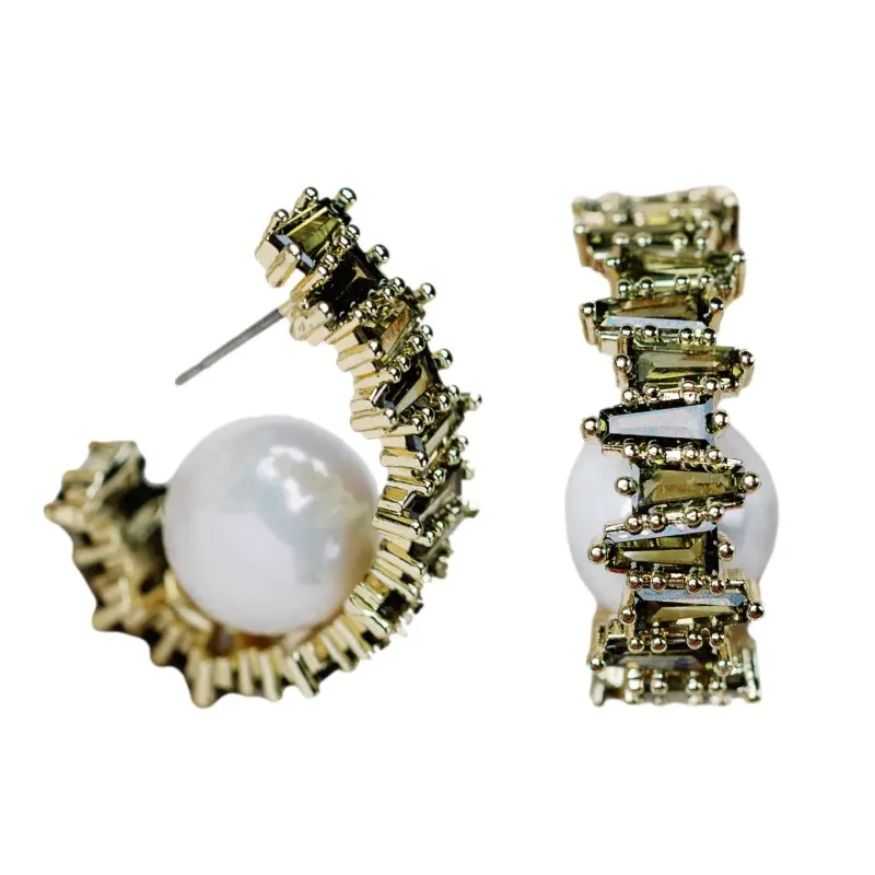 Green Rhinestone and Pearl Stud Earrings