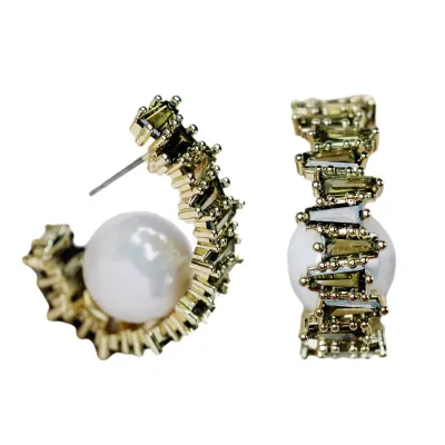 Green Rhinestone and Pearl Stud Earrings