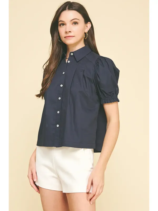 Tuck Front Button Down Blouse - Navy