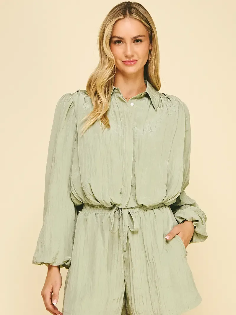 Balloon Hem Textured Top - Sage