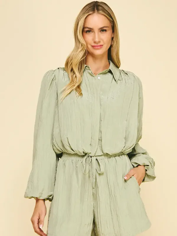 Balloon Hem Textured Top - Sage
