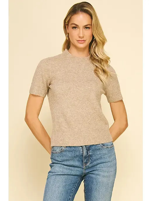 Short Sleeve Soft Yarn Sweater - Taupe