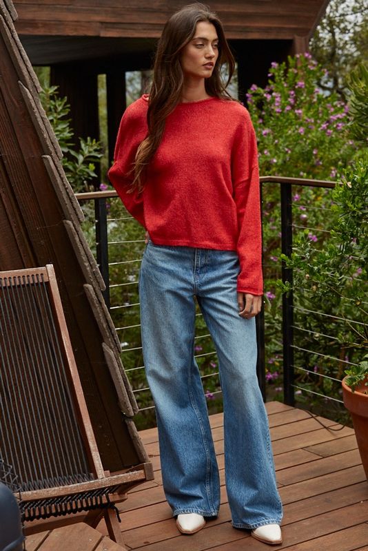 Roll Neck Pullover Sweater - Red