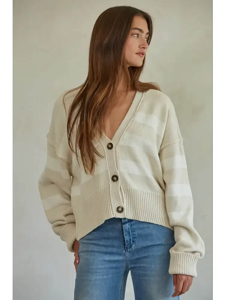 Long Sleeve Striped Cotton Cardigan - Sand / Cream