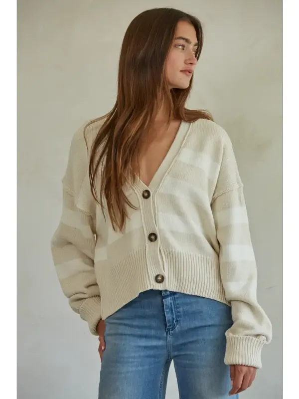 Long Sleeve Striped Cotton Cardigan - Sand / Cream