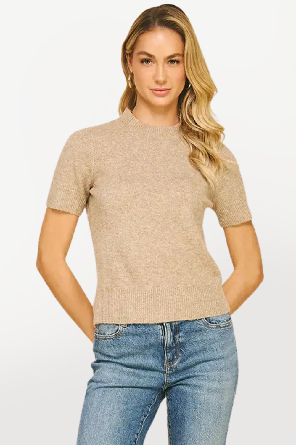 Short Sleeve Soft Yarn Sweater - Taupe