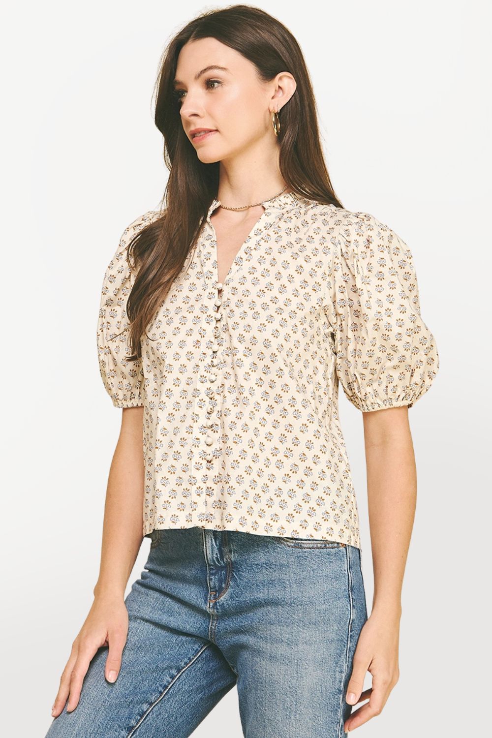 Floral Block Print Blouse - Cream