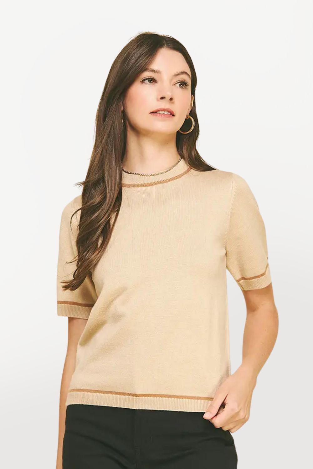 Contrast Detailed Short Sleeve Sweater - Taupe