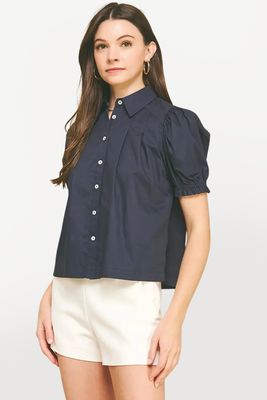 Tuck Front Button Down Blouse - Navy