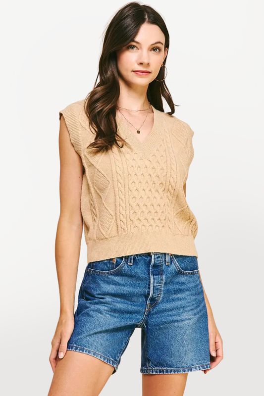 Sleeveless Cable Knit Sweater Vest - Camel