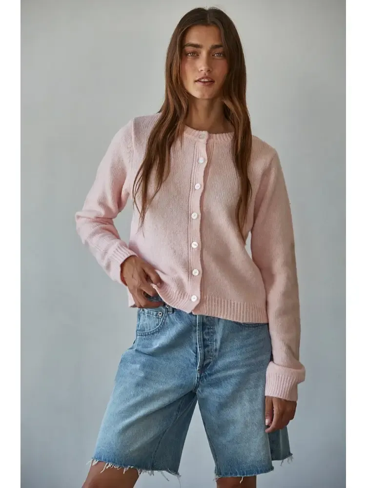 Round Neck Long Sleeve Cardigan - Baby Pink