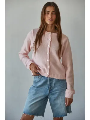 Round Neck Long Sleeve Cardigan - Baby Pink