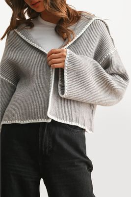Stitched Detailed Boxy Open Cardigan - Grey