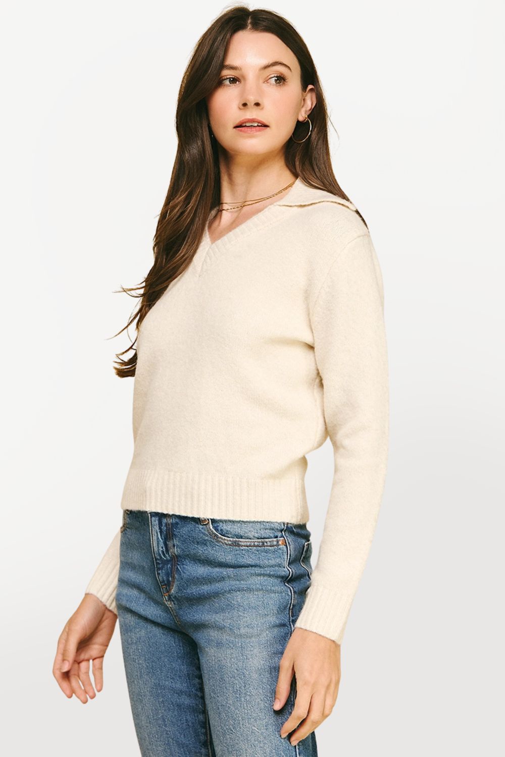 V-neck Collared Sweater - Cream