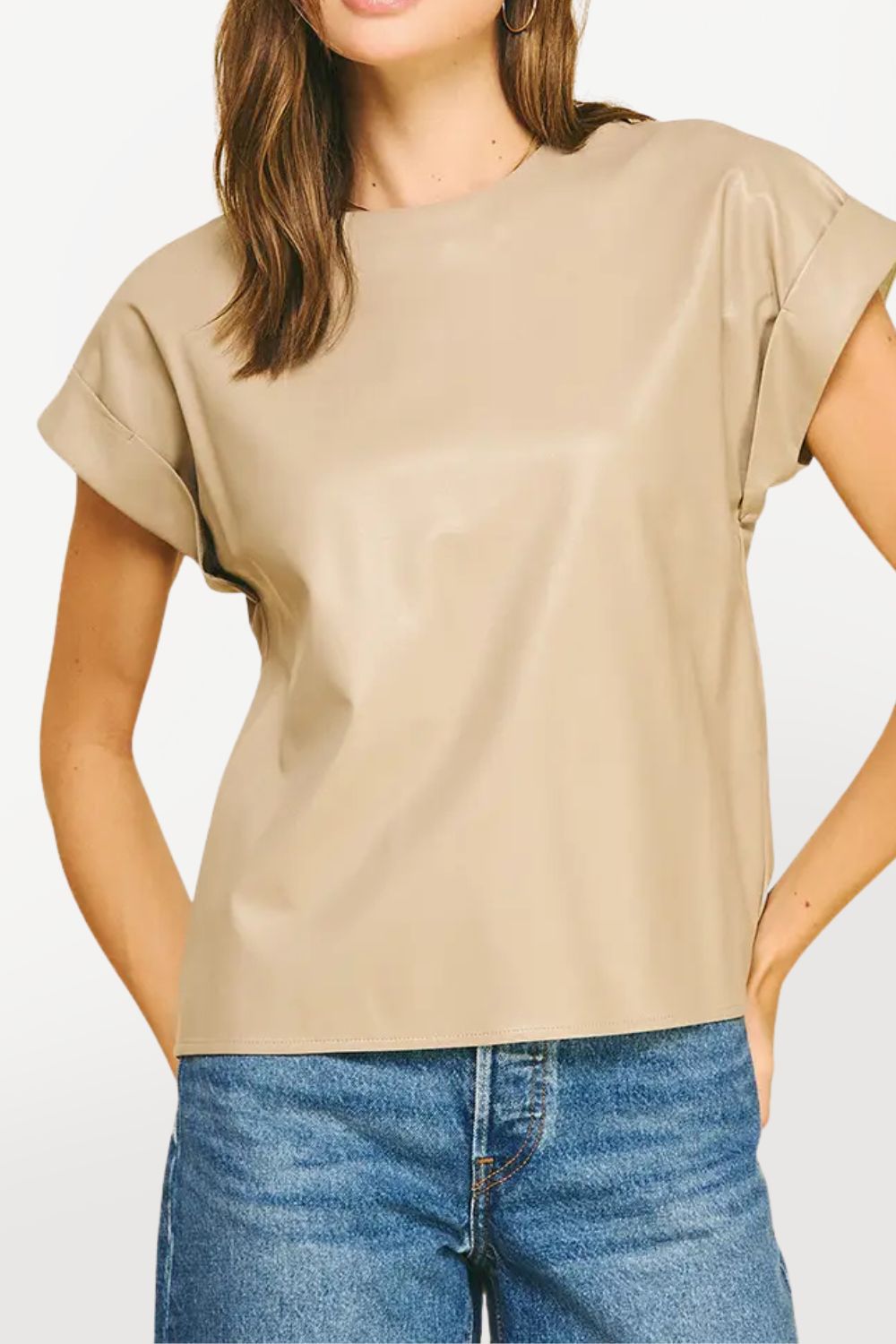 Vegan Leather Short Sleeve Top - Taupe