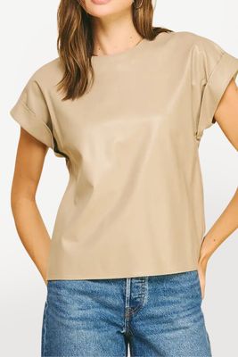 Vegan Leather Short Sleeve Top - Taupe