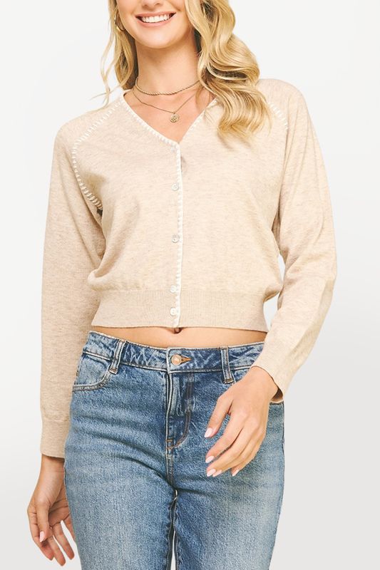 Stitched Detailed Cardigan - Oatmeal